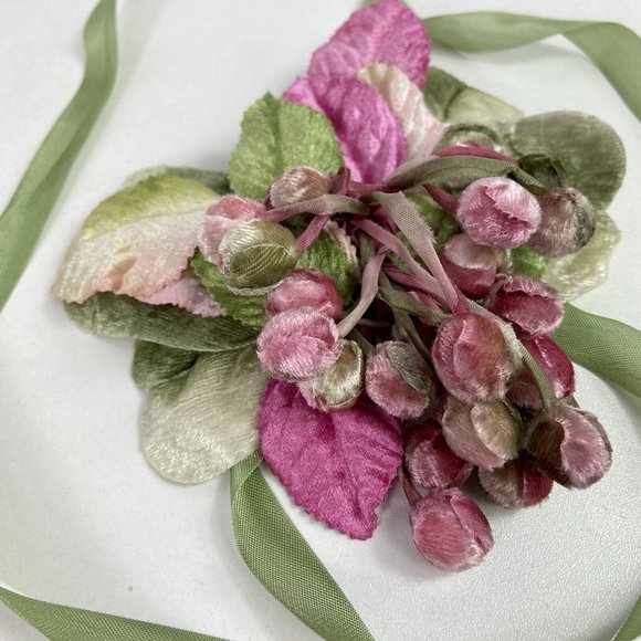 Vtg Louise Green Velvet Leafy Floral Headpiece w/ Ribbon Buds Whimsy Pink Green main image 4